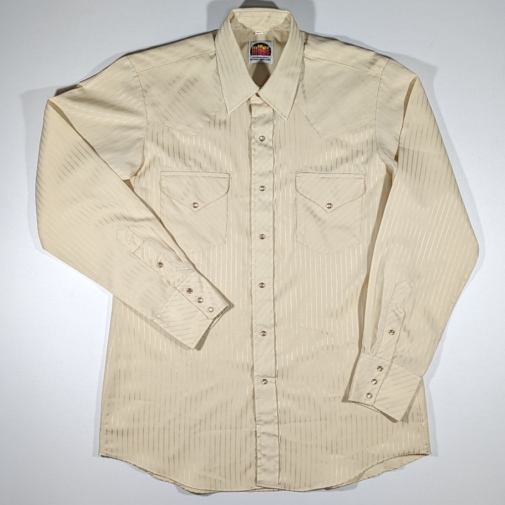 Vintage 70s Miller Western Wear Pearl Snap Shirt Size Large Polyester Striped